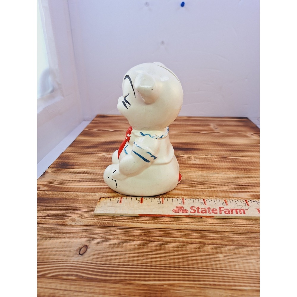 Vintage‎ American Bisque Pottery Ceramic PORCELAIN Pig Piggy Bank RED Bow tie - Picture 10 of 10